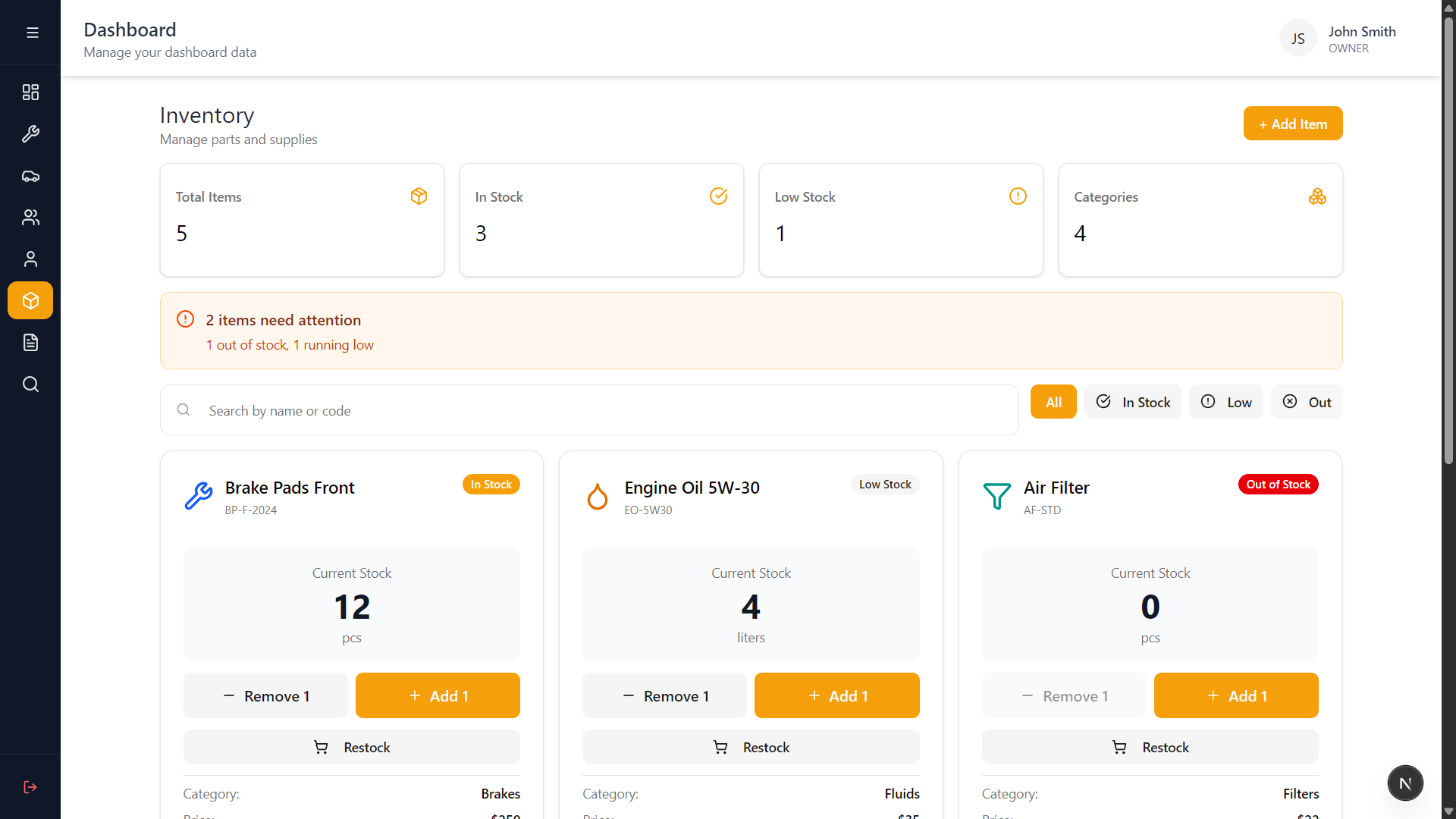 Inventory management screen with low-stock alerts