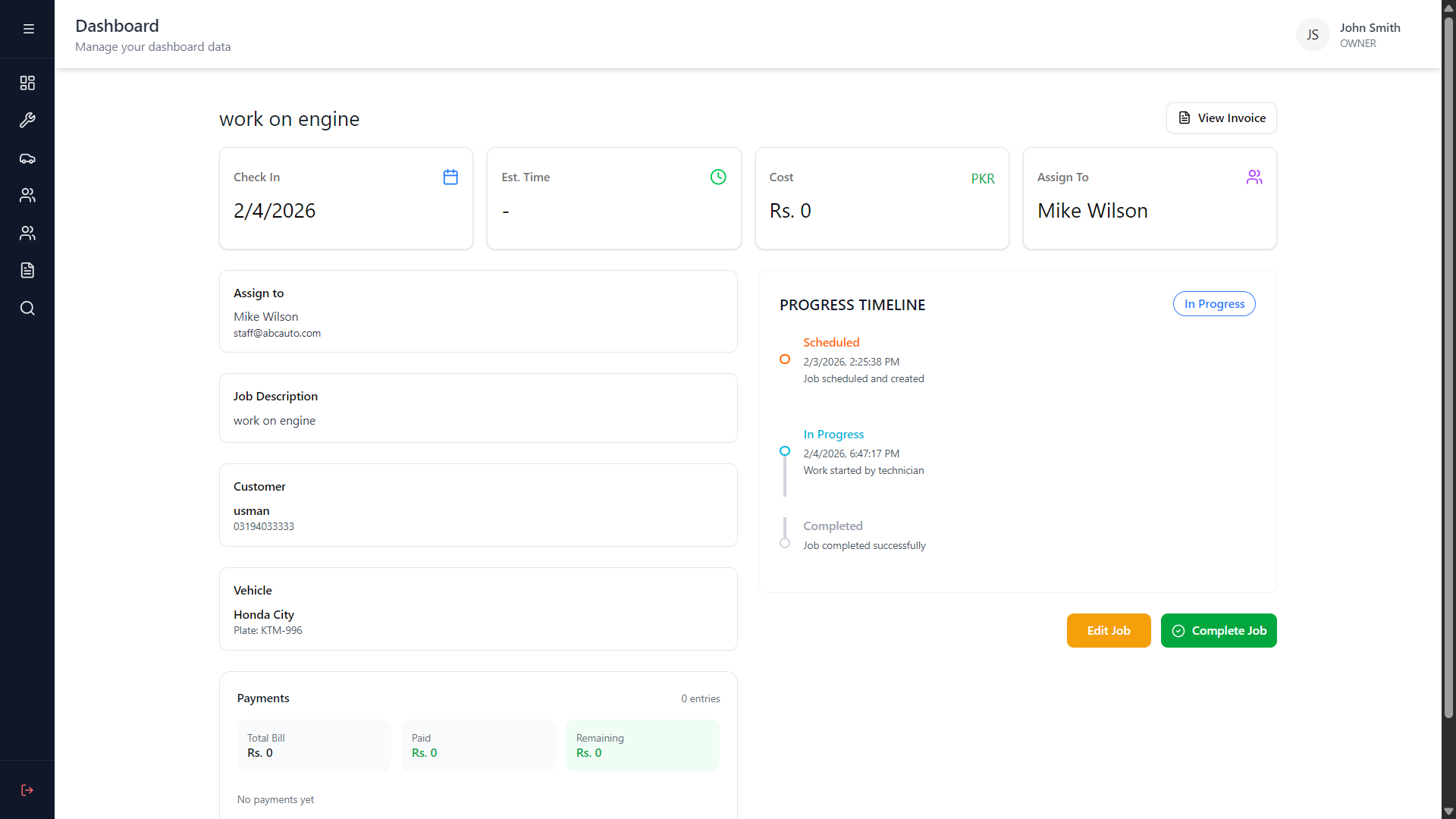 Digital job cards dashboard showing work orders